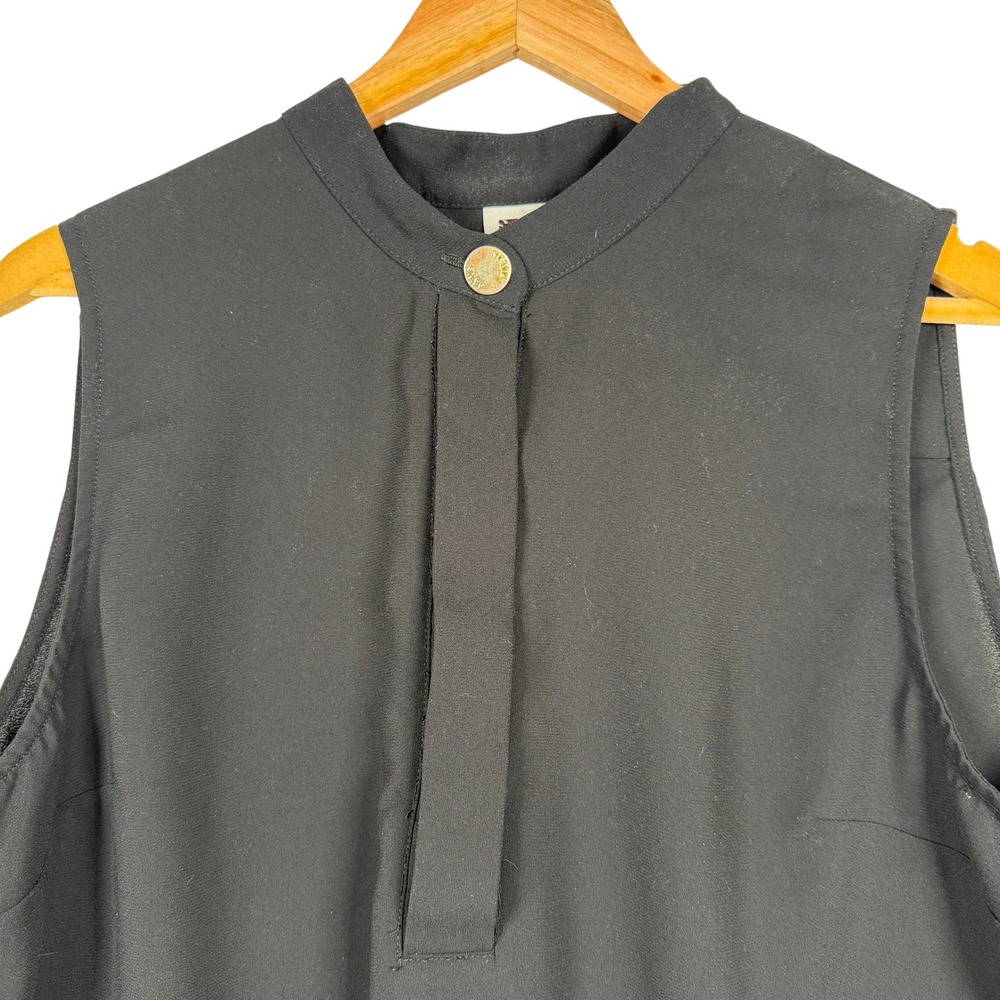 Anne Klein Sleeveless Blouse Womens L‎ Black Career Mandarin Collar Gold Button